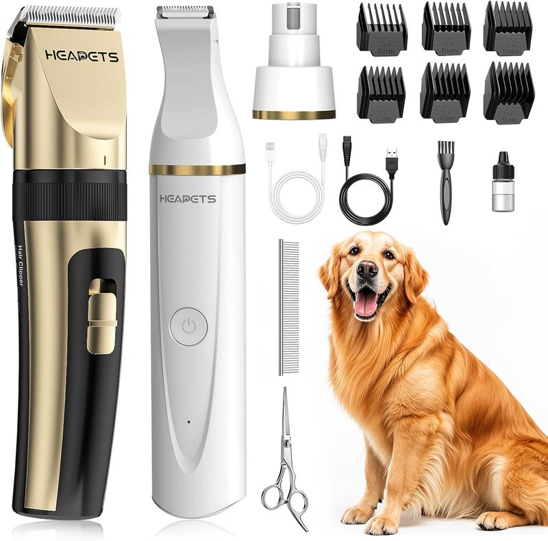 HEAPETS Dog Hair Clippers for Grooming Kit and Dog Paw Trimmer Nail Grinder for Grooming, Low Noise Rechargeable Cordless, Shaver Grooming Supplies for Pet Cats Dogs (Gold, White) - Image 1